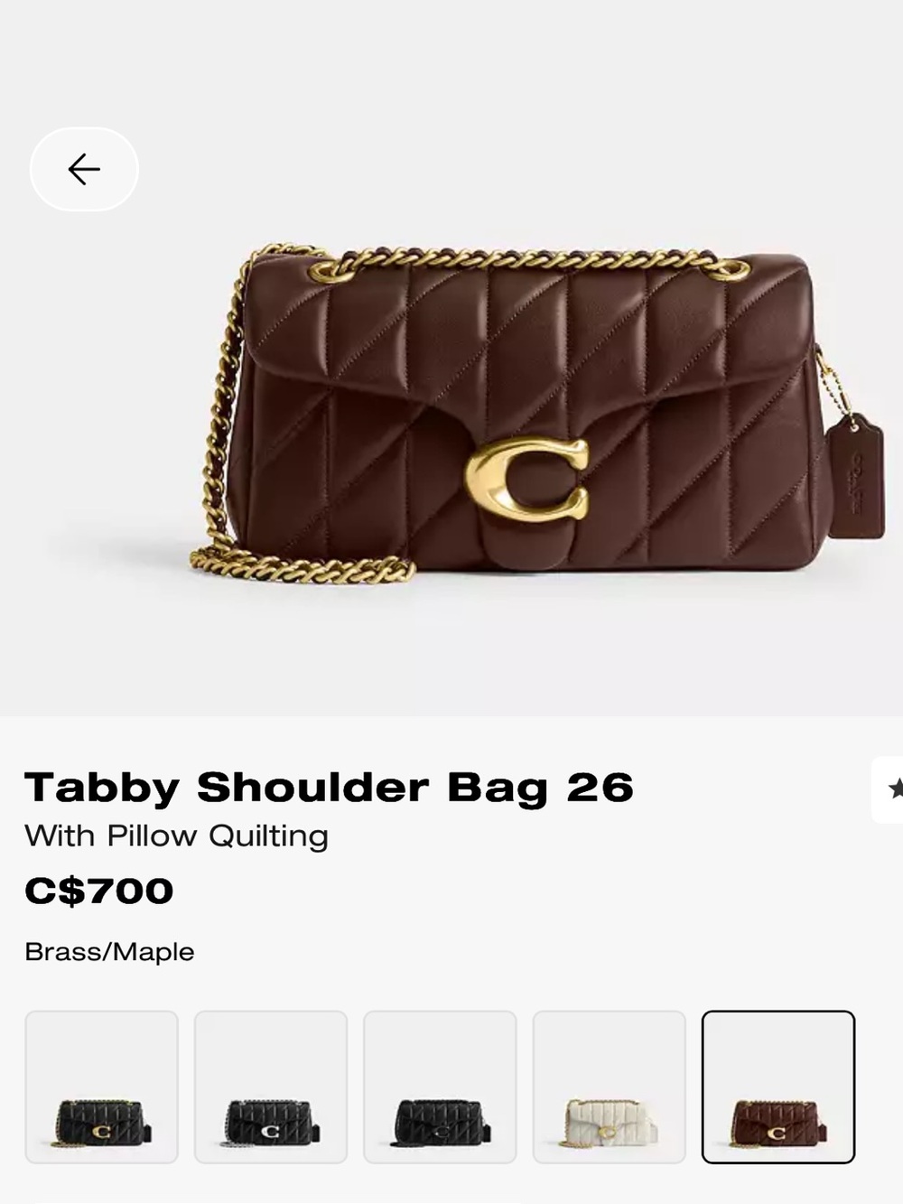 Coach Authentic Quilted TABBY 26 Shoulder Bag in Dark BrownMaple with Gold chain